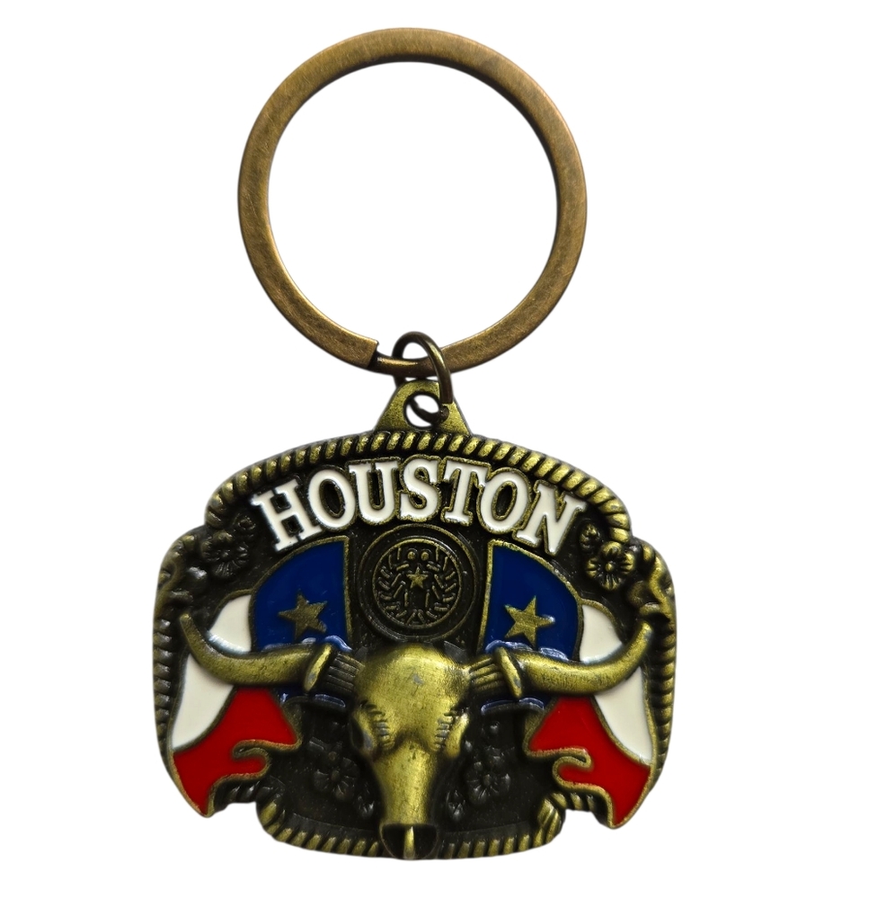Houston Bull Skull Keychain Antique Gold tone